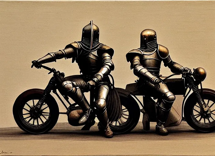 Image similar to attractive knight and his attractive male knight, they are in love sitting on a motorcycle, rome, highly detailed, soft lighting, elegant, works by gaston bussier, edward hopper and james gillard, zdislaw beksinski, stephen outram, andreas m wiese, highly detailed