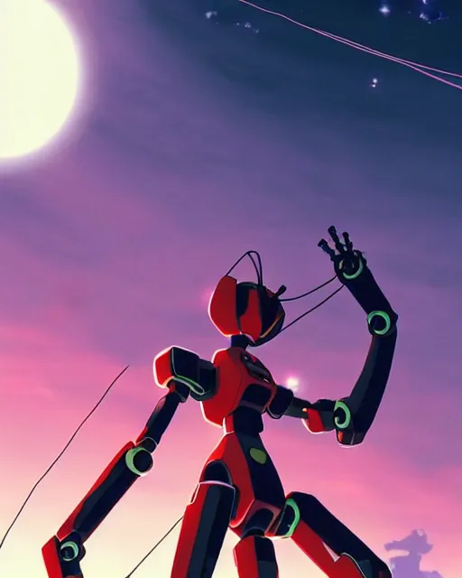 Image similar to anime illustration of black evangelion eva robot standing on an empty highway holding a steampunk guitar at night, cinematic lighting, evangelion anime poster, rebuild of evangelion 1 0 8 0 p, 9 0 s anime aesthetic, volumetric lights, rule of thirds, unreal engine render, pinterest wallpaper, trending on artstation