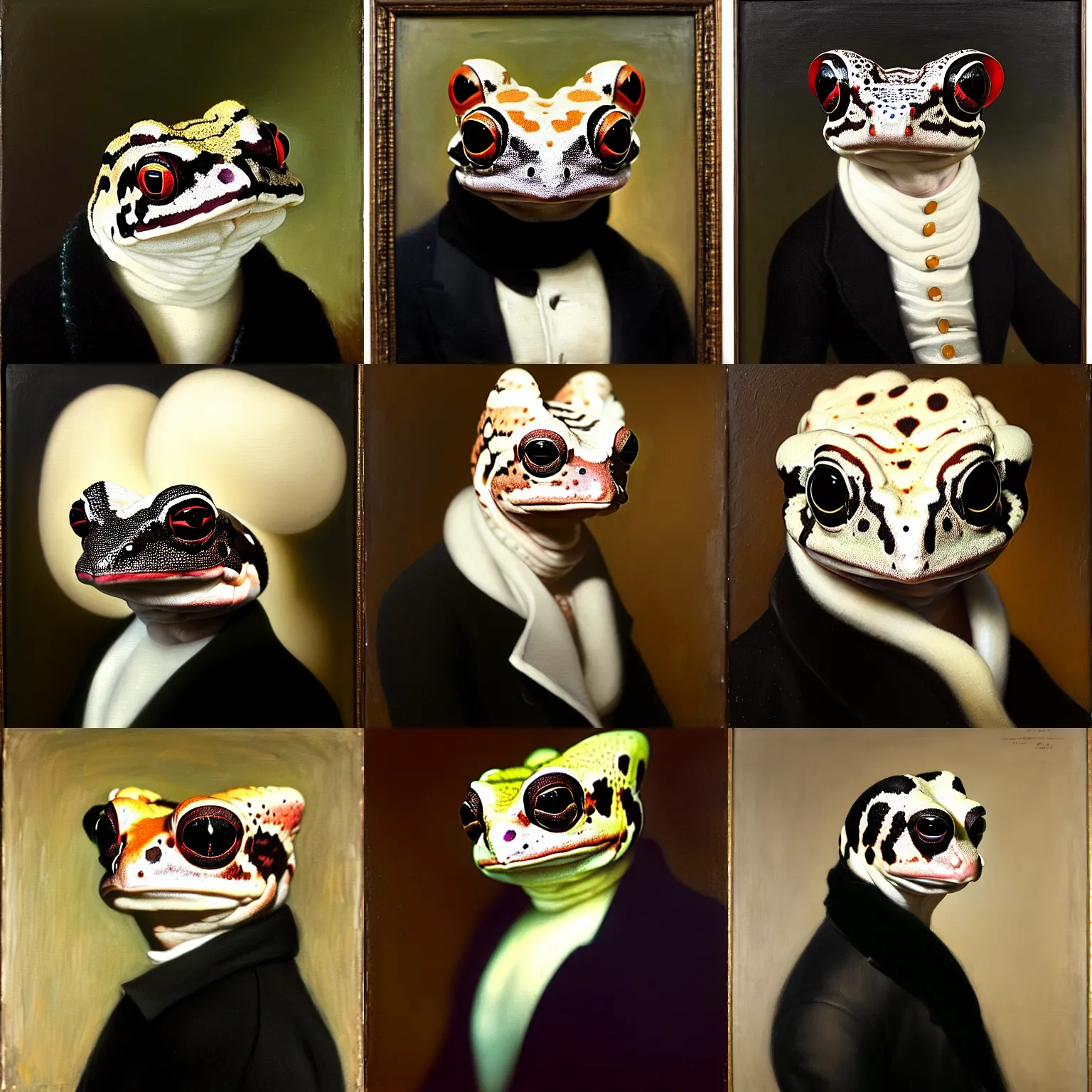 Prompt: a head - and - shoulders portrait of an amazon milk frog wearing a black buttoned jacket and a white scarf, an american romanticism painting, a portrait painting, cgsociety, soft focus, oil on canvas