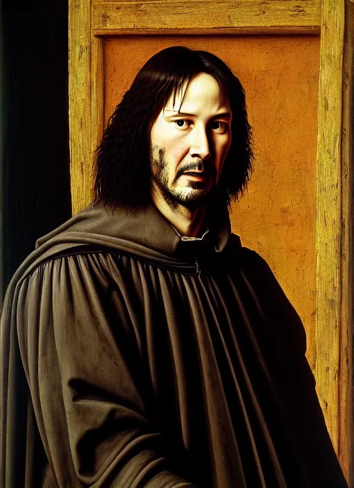 Image similar to portrait of keanu reeves, oil painting by jan van eyck, northern renaissance art, oil on canvas, wet - on - wet technique, realistic, expressive emotions, intricate textures, illusionistic detail