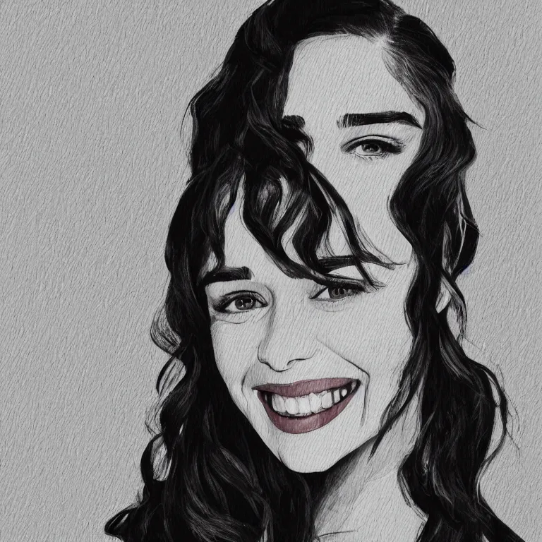 Image similar to an amaze - art painting of emilia clarke using single line, amaze art, smiling face