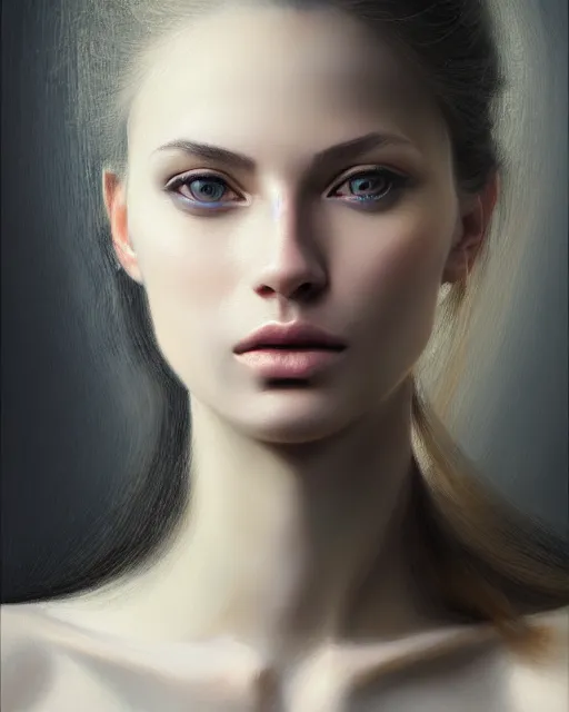 Image similar to portrait of a beautiful woman, enigmatic beauty, head in focus, intricate, elegant, highly detailed, hyperrealistic painting, concept art, painterly, sharp focus, art by ive freya