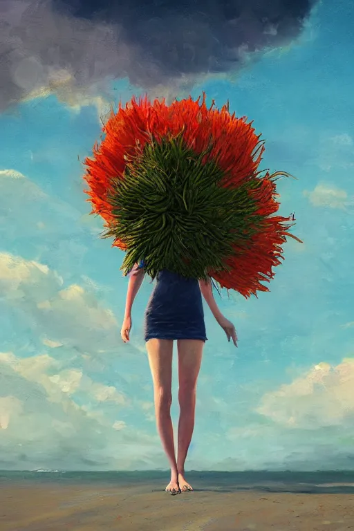 Prompt: closeup, gigantic flower head, a girl on beach, surreal photography, wind and cold, dramatic sky, impressionist painting, digital painting, artstation, simon stalenhag