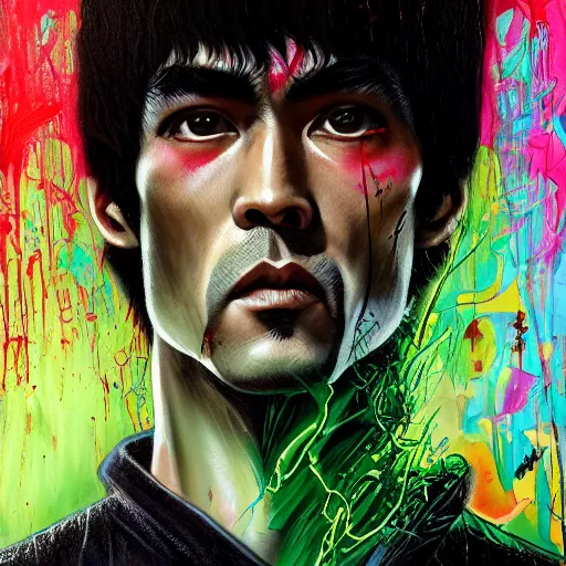 Image similar to a demon slayer portrait of bruce lee, tall, pale - skinned, and slender with lime green eyes and long eyelashes by stanley artgerm, tom bagshaw, arthur adams, carne griffiths, trending on deviant art, street art, face enhance, chillwave, maximalist, full of color, glittering