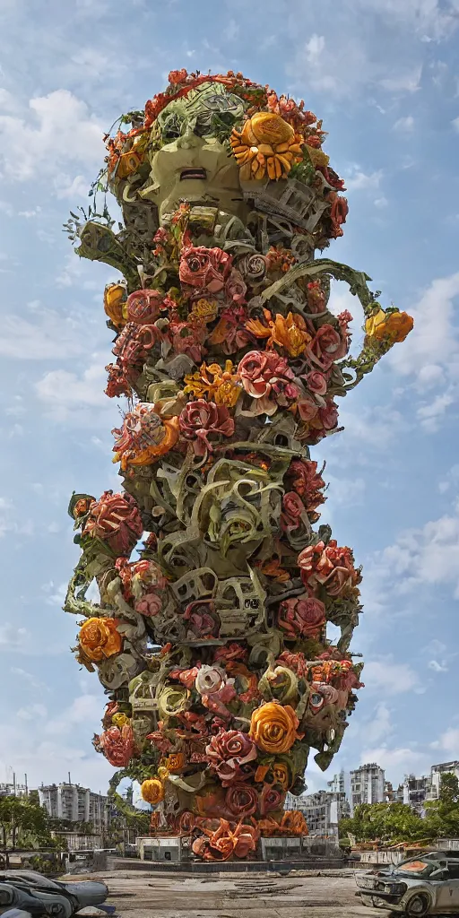 Image similar to colossal grotesque flower made from communist dreams in the middle of abandoned post soviet constructivist cityscape, Stalinist architecture, ultradetailed by Hayao Miyazaki and Josan Gonzalez and Makoto Shinkai and Giuseppe Arcimboldo and Wes Anderson