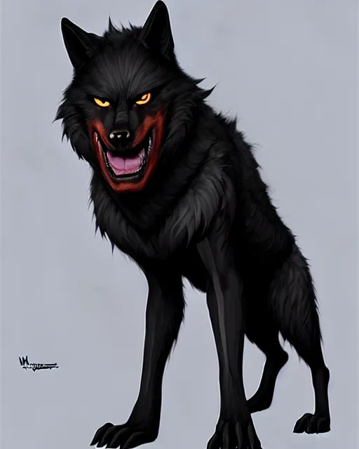 Image similar to character concept art of a black anthropomorphic furry male wolf with red hair | | handsome - fine - face, pretty face, key visual, realistic shaded perfect face, fine details by stanley artgerm lau, wlop, rossdraws, james jean, andrei riabovitchev, marc simonetti, and sakimichan, trending on artstation