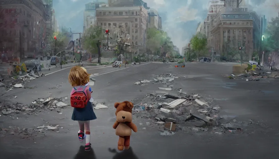 Image similar to back view of little girl and her teddy bear crossing destroyed washington dc's streets, debris, collapsed buildings, cloudy day, hyperdetailed, artstation, cgsociety, 8 k