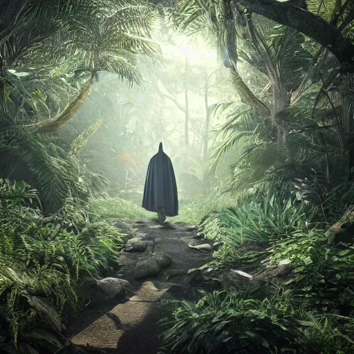 Image similar to a man wearing a long cloak and hood, walking through a lush jungle, realistic octane render, ray traced, god rays, extremely high detail