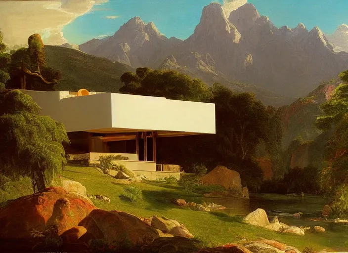 Image similar to painting of a john lautner house in front of beautiful mountains by thomas cole