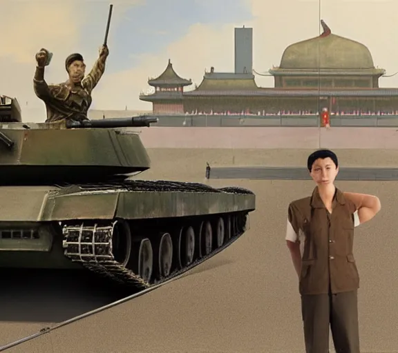 Image similar to photorealistic concept art of tiananmen square tank man standing in front of tank girl's tank, detailed