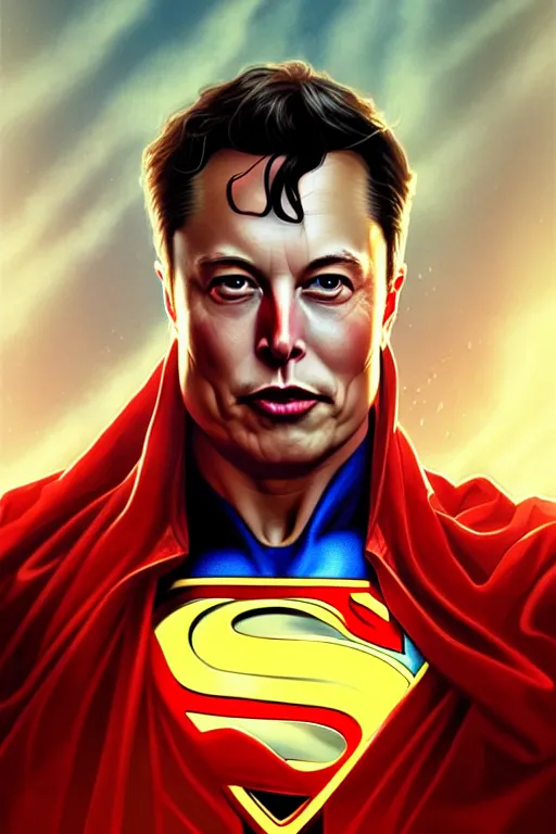 Image similar to elon musk as superman, realistic portrait, symmetrical, highly detailed, digital painting, artstation, concept art, smooth, sharp focus, illustration, cinematic lighting, art by artgerm and greg rutkowski and alphonse mucha