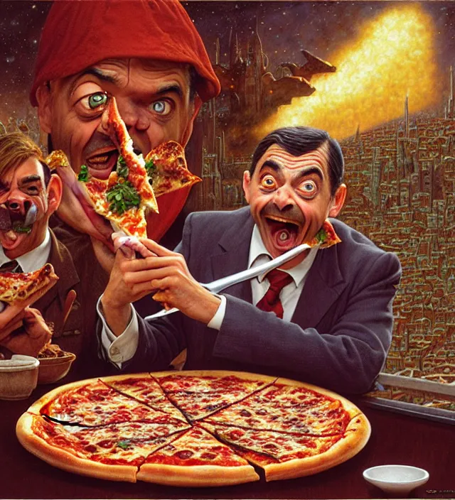 Prompt: derpy looking mr. bean eating greasy pizza, pizza is everywhere, weird, strange, bizarre, surreal, epic composition, 2 0 0 mm focal length, donato giancola, tim hildebrandt, wayne barlow, bruce pennington, larry elmore