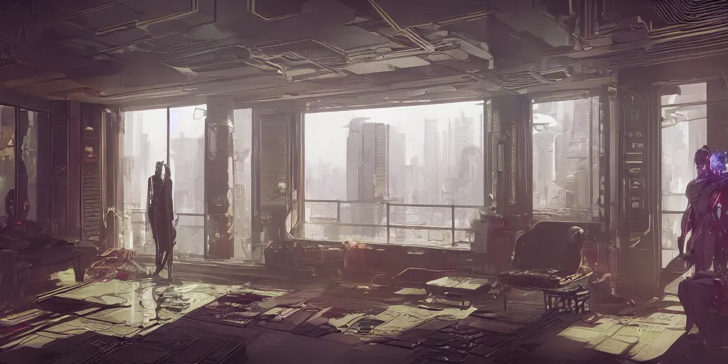 Image similar to cyberpunk apartment interior overview mapa design, Moebius, Greg Rutkowski, Zabrocki, Karlkka, Jayison Devadas, Phuoc Quan, trending on Artstation, 8K, ultra wide angle, pincushion lens effect.