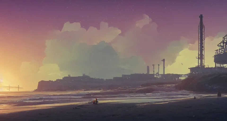 Image similar to A very beautiful serene coastal landscape scene with a GIANT INDUSTRIAL OIL RIGGING FACTORY looming in the distance, bright SUNSET waves splashing on the beach, rendered by simon stålenhag, rendered by Beeple, Makoto Shinkai, syd meade, environment concept, digital art, starwars, Gundam Style, unreal engine, 3 point perspective, WLOP, trending on artstation, low level, 4K UHD image, octane render,