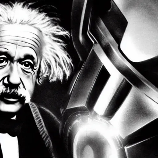 Image similar to moviestill of albert einstein as tony stark in ironman