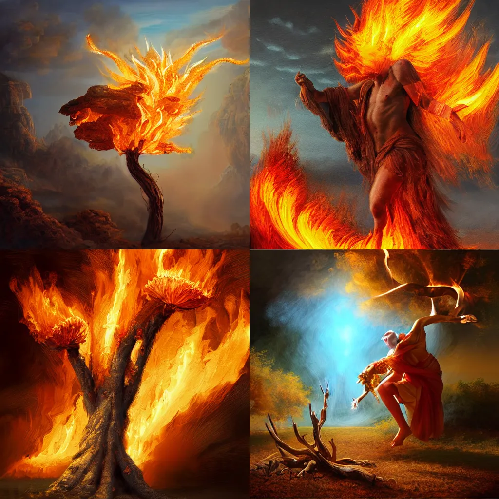 Prompt: illustration of a flaming bush, realistic painting, classical painting, high definition, digital art, matte painting, very detailed, realistic