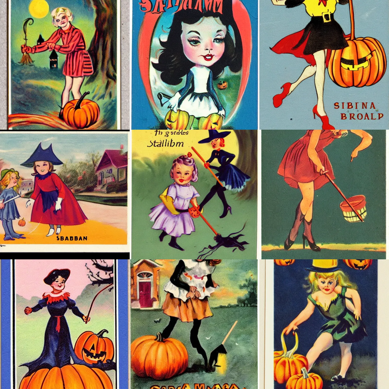 Prompt: Sabrina spellman rides a broom, Vargas girl, vintage Halloween postcard