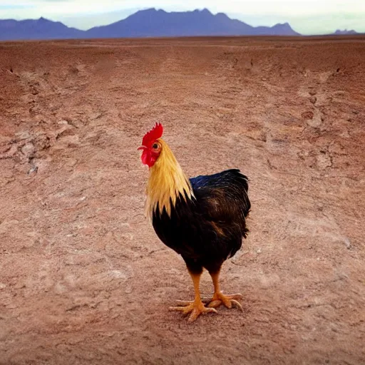 Prompt: realistic photograph of a chicken in a desert, high quality