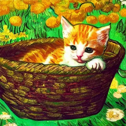 Prompt: cute kitten sitting in a basket of flowers floating down a river, surrounded by a lush forest, historic painting by van gogh, stunning detail, 8 k, beautiful