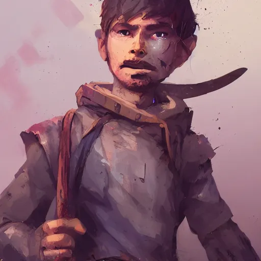 Image similar to duergar male child character portrait with pale purple skin, by Ismail Inceoglu, shabby clothes, leather pouch, wielding knife, grinning, youthful, dungeons and dragons, digital art, art