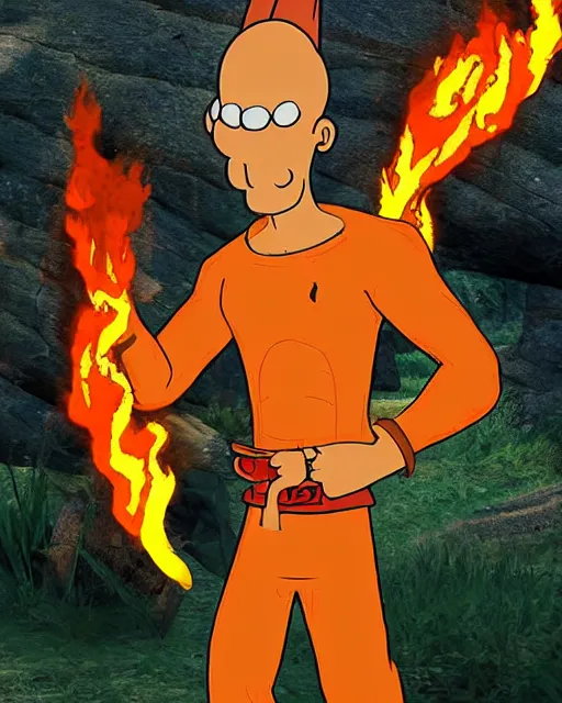 Prompt: [ [ [ [ [ [ squidward ] ] ] ] ] wearing fire nation clothing and practicing firebending outside at susnset