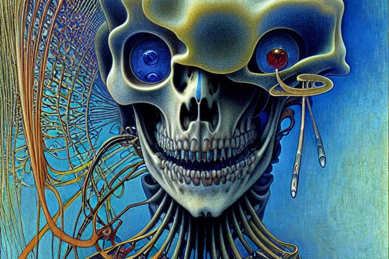 Prompt: realistic detailed closeup portrait painting of a single skeleton in a crowded futuristic street by Jean Delville, Amano, Yves Tanguy, Alphonse Mucha, Ernst Haeckel, Edward Robert Hughes, Roger Dean, rich moody colours, blue eyes