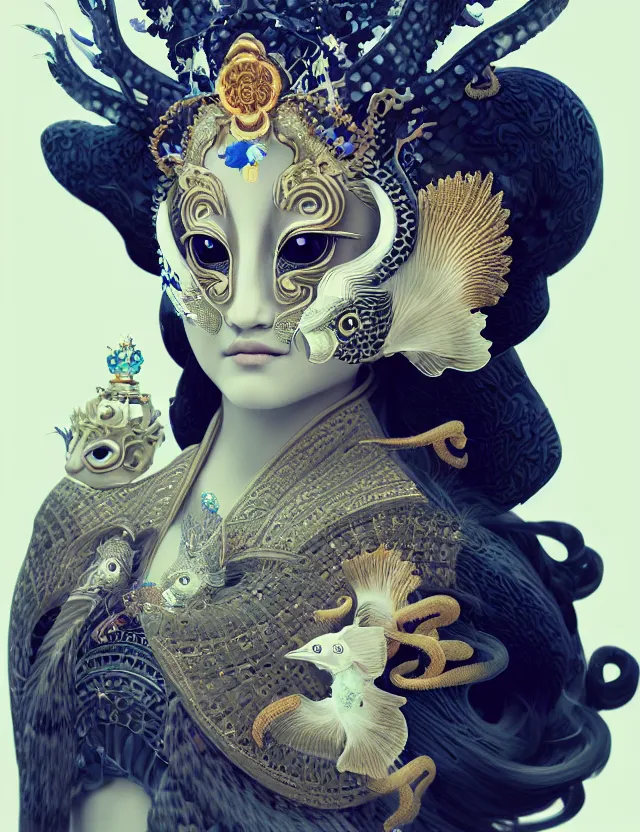 Image similar to 3 d goddess close - up profile portrait with crown, ram skull. beautiful intricately detailed japanese crow kitsune mask and clasical japanese kimono. betta fish, jellyfish phoenix, bio luminescent, plasma, ice, water, wind, creature, artwork by tooth wu and wlop and beeple and greg rutkowski