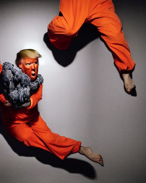 Image similar to Medium shot photo of scared Donald Trump in prison jail wearing orange pajamas with an American bald eagle attacking his head, Annie Leibowitz, octane, dramatic lighting, editorial photo, 35mm, very detailed