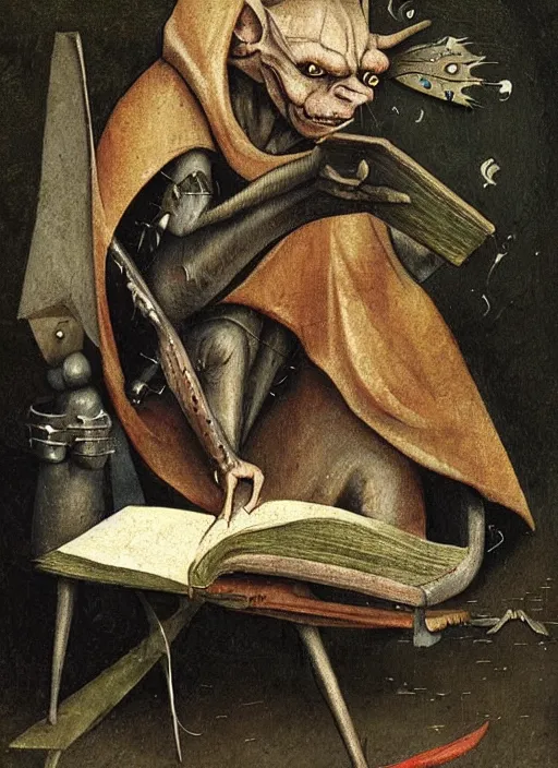 Prompt: medieval goblin reading a book by hieronymus bosch, detailed digital art, trending on Artstation