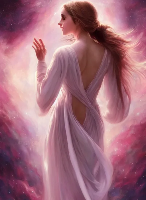 Image similar to emma watson as nature magic celestial, back pose, long hair, soft pink and white transparent cloth, space, D&D, shiny background, intricate, elegant, highly detailed, digital painting, artstation, concept art, smooth, sharp focus, illustration, artgerm, bouguereau