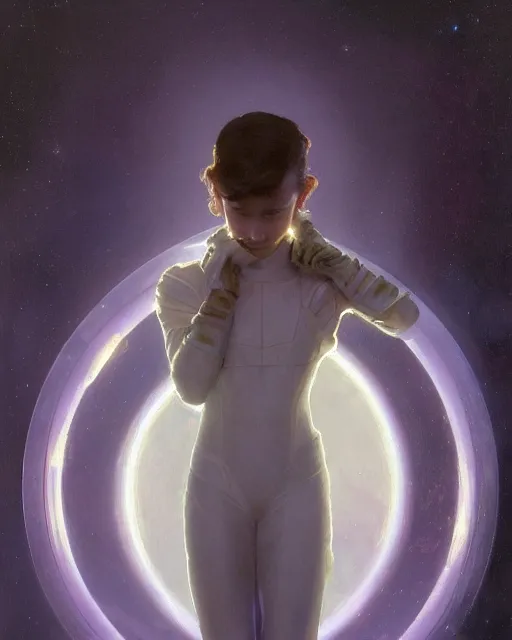 Image similar to a portrait painting of a shy, blushing 1 6 - year old alicia vikander or millie bobby brown, backlit, wearing a futuristic translucent iridescent plastic space suit in a space station, elegant, highly detailed, artstation, concept art, by krenz cushart and donato giancola and william adolph bouguereau and alphonse mucha