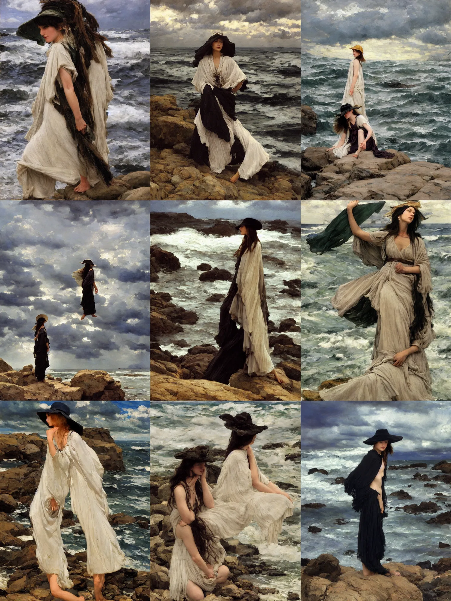 Prompt: dramatic light, thunder clouds in the sky, stormy sea by frederick judd waugh, simple form, brutal shapes, shaman, portrait of fashionable young woman wearing rich jewerly hat and boho poncho, pixiv, lying pose on stones, 1970s fashion, anime, studio ghiblil, artwork by Joaquin Sorolla and john william waterhouse and Denis Sarazhin and James Jean and klimt and rhads and van gogh and Dean Ellis and Detmold Charles Maurice