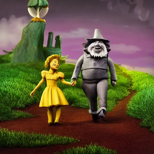 Prompt: Tim Burton style claymation figurine of Dorothy Gale and Toto on the yellow brick Road in “the Wizard of Oz”, 4K, UHD, detailed render, dark background with side lighting