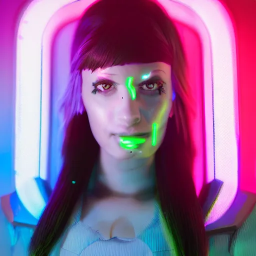 Image similar to a portrait of a female cyborg, fashion, streak lights, ligjt trail, color gel, photogtaphy, canon r 5, wide angle, white background, 3 d render, unreal engine, white suit, neon, neonlights