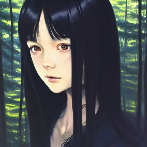 Prompt: a beautiful girl with long dark hair, wearing a black outfit, forest background, intricate, highly detailed, digital painting, artstation, official media, anime key visual, concept art, rich vivid colors, ambient lighting, sharp focus, illustration, art by Artgerm, Makoto Shinkai, Ilya Kuvshinov, Lois Van Baarle, and Rossdraws