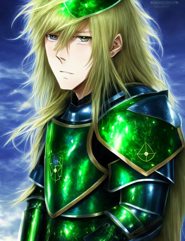 Image similar to an anime portrait of a long haired blonde man with blue eyes in green plate armour glowing with green energy, trending on artstation, digital art, 4 k resolution, detailed, high quality, sharp focus, hq artwork, coherent, insane detail