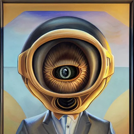 Image similar to a professionally painted portrait of a typical alien with large eyes, friendly, symmetry, golden hour, 8k, HD