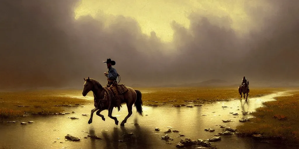 Prompt: a lonesome cowboy on his horse is crossing american plains with a small riverbed, mountaineous background, cloudy day, highly detailed, digital art, by greg rutkowski, by albert bierstadt