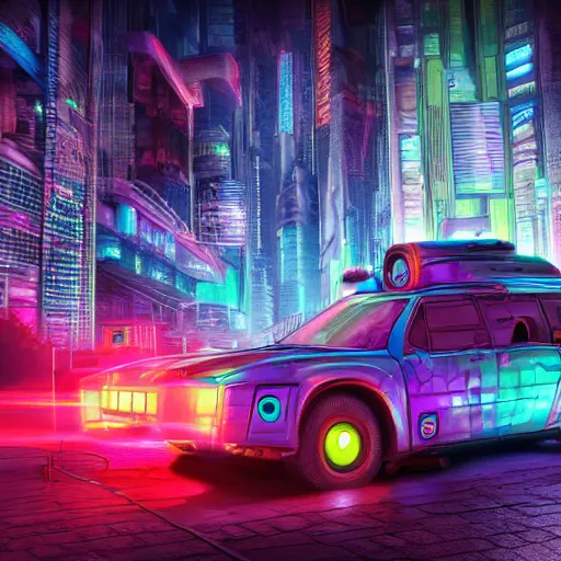 Prompt: cyberpunk mystery machine, high detail 8 k photograph