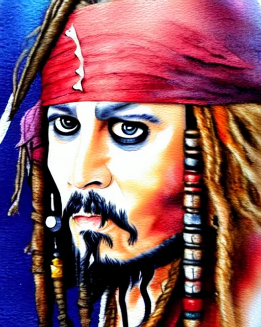 Image similar to portrait of captain jack sparrow, painterly style, matte illustration, watercolour