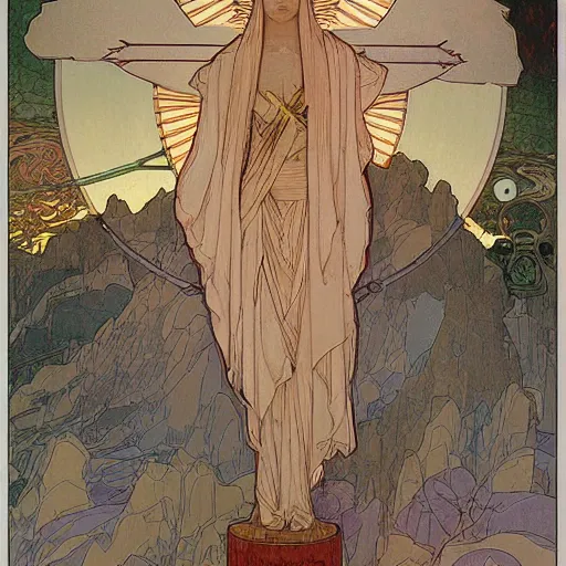 Prompt: a spiritual cross on top of a holy mountain, Mucha, Moebius, Mohrbacher