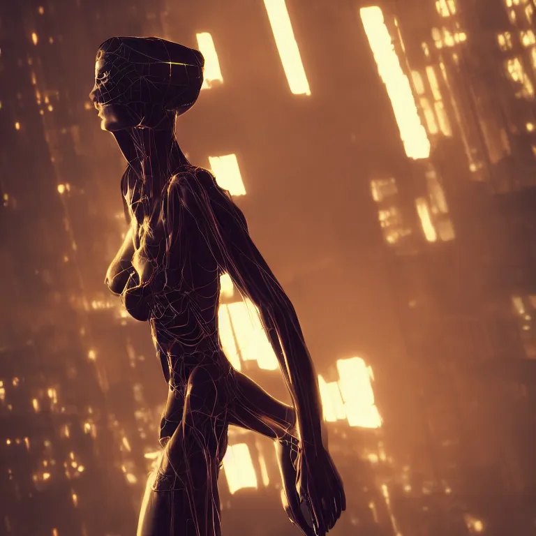Image similar to abstract cyberpunk woman with spider legs, cinematic lighting, photorealistic image, 8k, ultra detailed, high resolution,