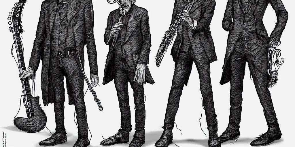 Prompt: cartoonish peter capaldi jamming with his band, character sheet, fine details, concept design, contrast, kim jung gi, greg rutkowski, trending on artstation, 8 k, full body, turnaround, front view, back view, ultra wide angle