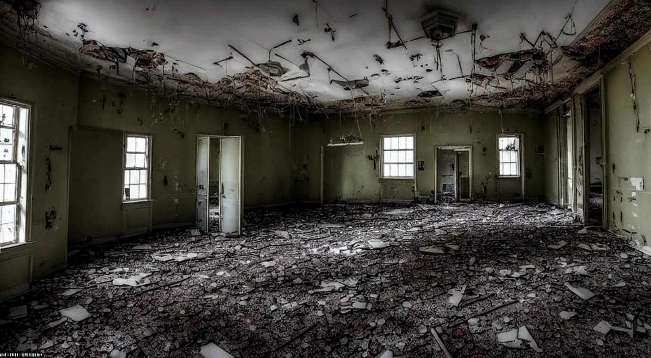 Image similar to photograph of the inside of a rotting abandoned hospital with a checkered floor, dark, no windows, horror | joe biden barely in view in the corner with a demonic grin on his face