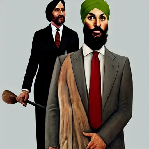 Prompt: Justin Trudeau beside Jagmeet Singh, pictured in the american gothic painting, concept art, sharp focus, highly detailed digital painting by Grant Wood, artstation