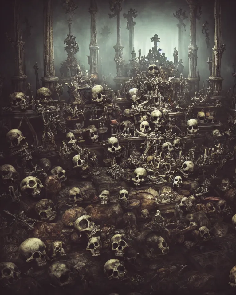 Image similar to full color, low wide shot of sedlec ossuary, bones, anime style mixed with fujifilm, dark, foggy, atmospheric, artstation, cgsociety, octane render, cgi, unreal engine 5, denoise, detailed, cinematic masterpiece