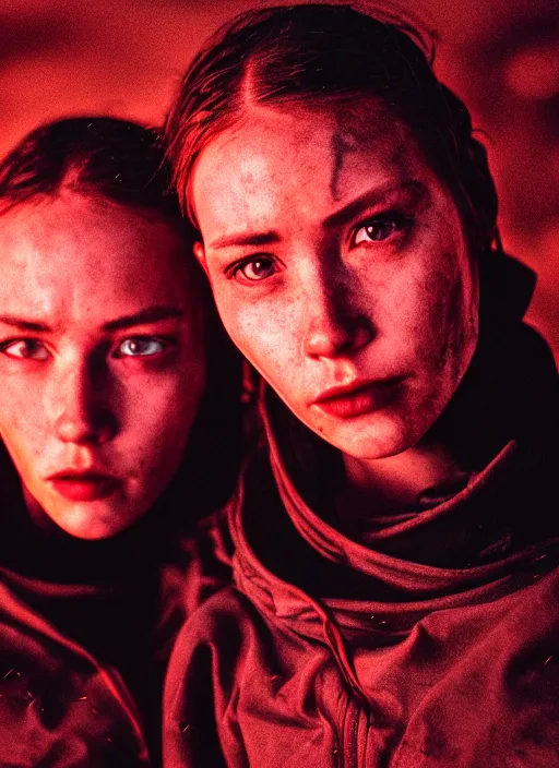 Prompt: cinestill 5 0 d photographic portrait of two loving female androids wearing rugged black techwear on a desolate plain with a red sky, extreme closeup, cyberpunk style, garters, dust storm, 8 k, hd, high resolution, 3 5 mm, f / 3 2, ultra realistic faces, ex machina