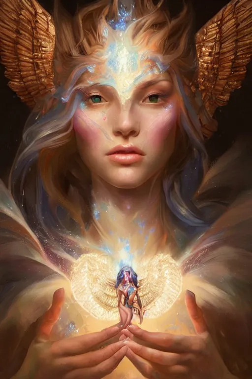 Image similar to face closeup of a beautiful model casting magic spell holding diamonds, angel, fantasy, dramatic lighting, highly detailed, digital painting, holding electricity, magic the gathering, hyper detailed, 3 d render, hyper realistic detailed portrait, peter mohrbacher, wlop, ruan jia