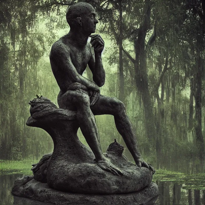 Prompt: toad philosopher The Thinker, swamp, by Auguste Rodin, symmetric, by Irving Penn, bokeh , top cinematic lighting , cinematic mood, very detailed, shot in canon, 8k ,