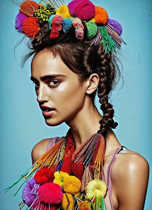 Prompt: beautiful portrait of Irina Shayk wearing fantastic Hand-dyed cotton dress, embellished beaded feather decorative fringe knots ,colorful pigtail,subtropical flowers and plants,symmetrical face,intricate,elegant, highly detailed, 8k,post-processing,digital painting, trending on pinterest, arper's bazaar,concept art, sharp focus, illustration, by artgerm,Tom Bagshaw,Lawrence Alma-Tadema,greg rutkowski,alphonse Mucha